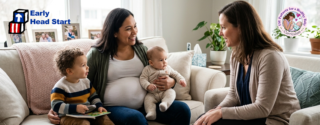 Partner Healthy Baby Early Head Start is discussed between a mom and children and family support professional