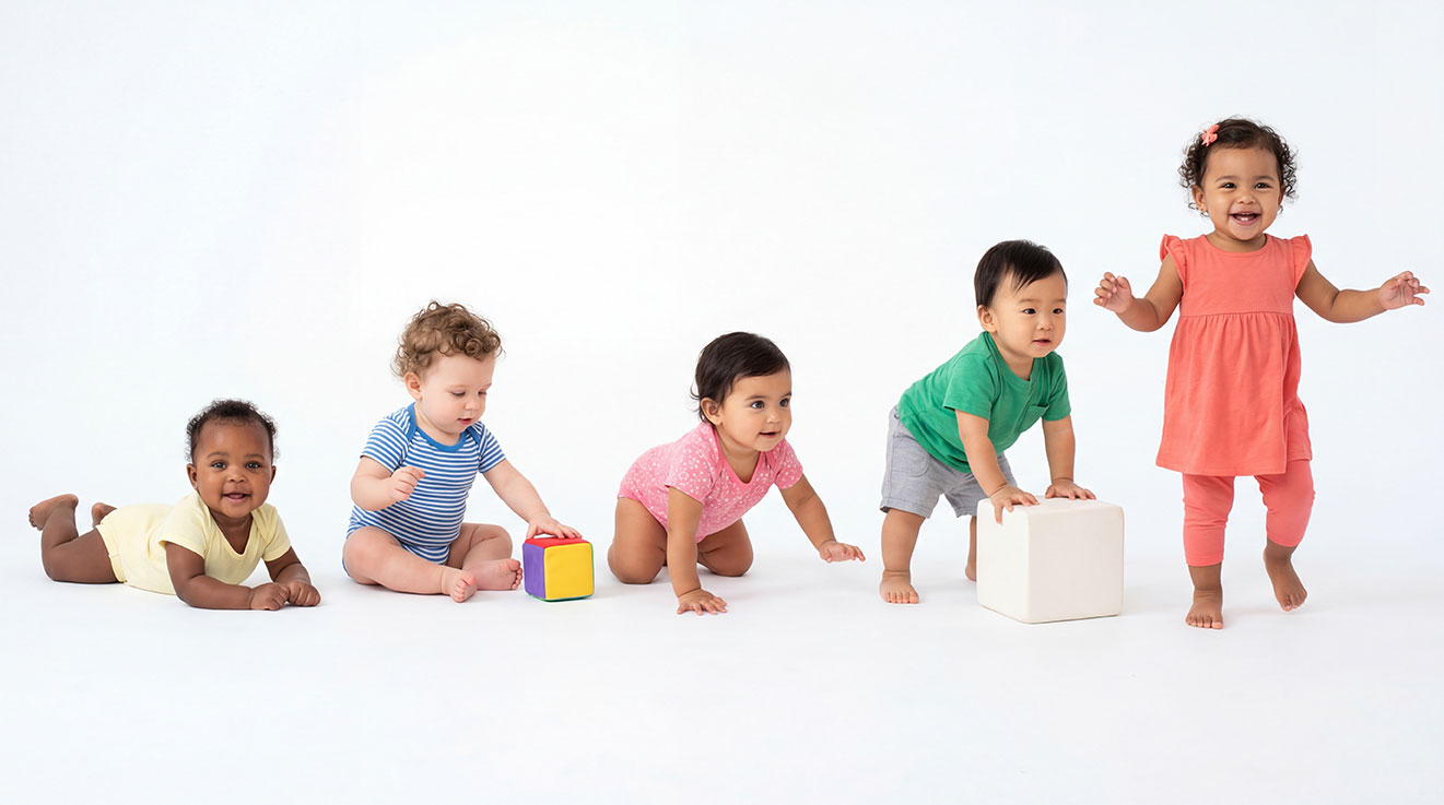 Infant and toddler development represented by 5 children from birth to age three