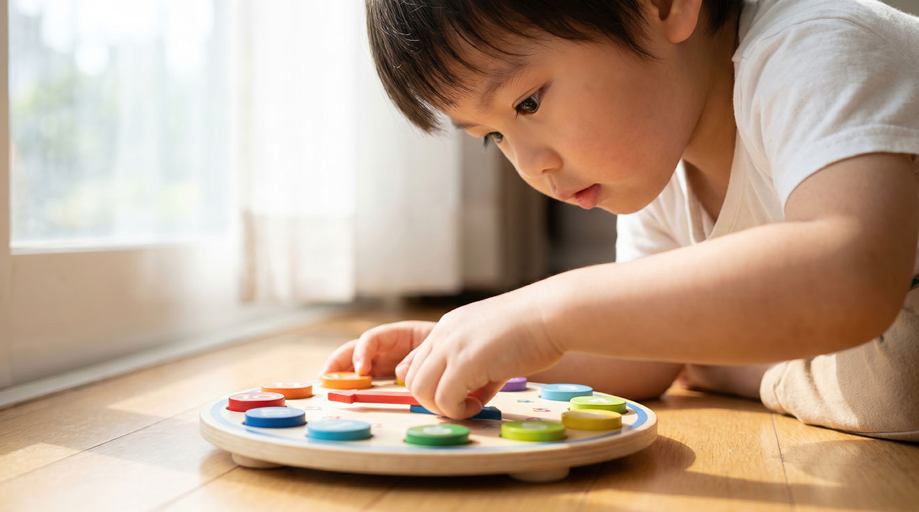 "A young child plays with a developmental activity"