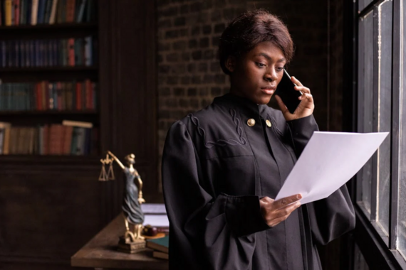 Judge reading document while on a phone call
