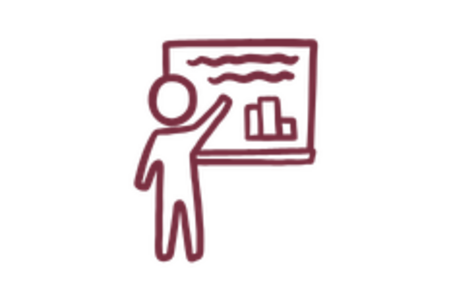 Person icon standing in front of a chalkboard while pointing